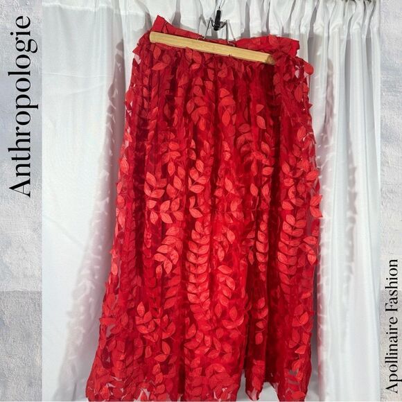 ANTHROPOLOGIE BY SUNDAY IN BROOKLYN DIMENSIONAL LEAF MAXI SKIRT IN RED SIZE 8 - Picture 6 of 6